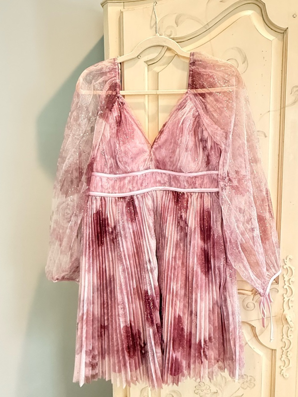 Lulu's Dusty Rose Pleated Midi Dress with Sheer Sparkle Sleeves